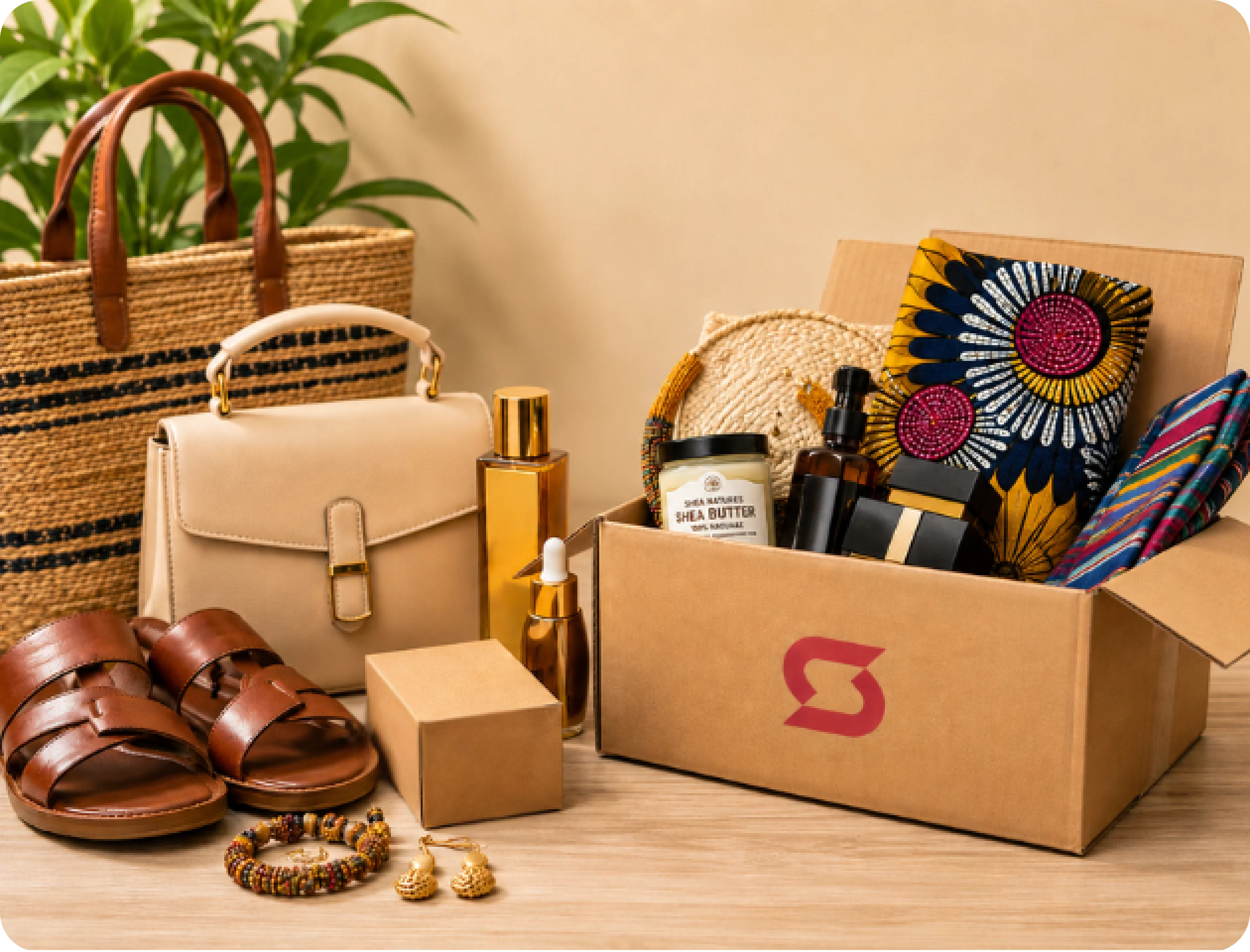 A Shipbubble box packed with bags, sandals, oils and fabric